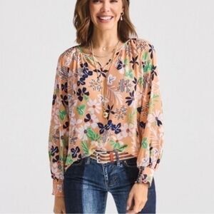 CABI #6296 Island Tropical Floral Smocked Sleeve Split Neck Blouse size XS